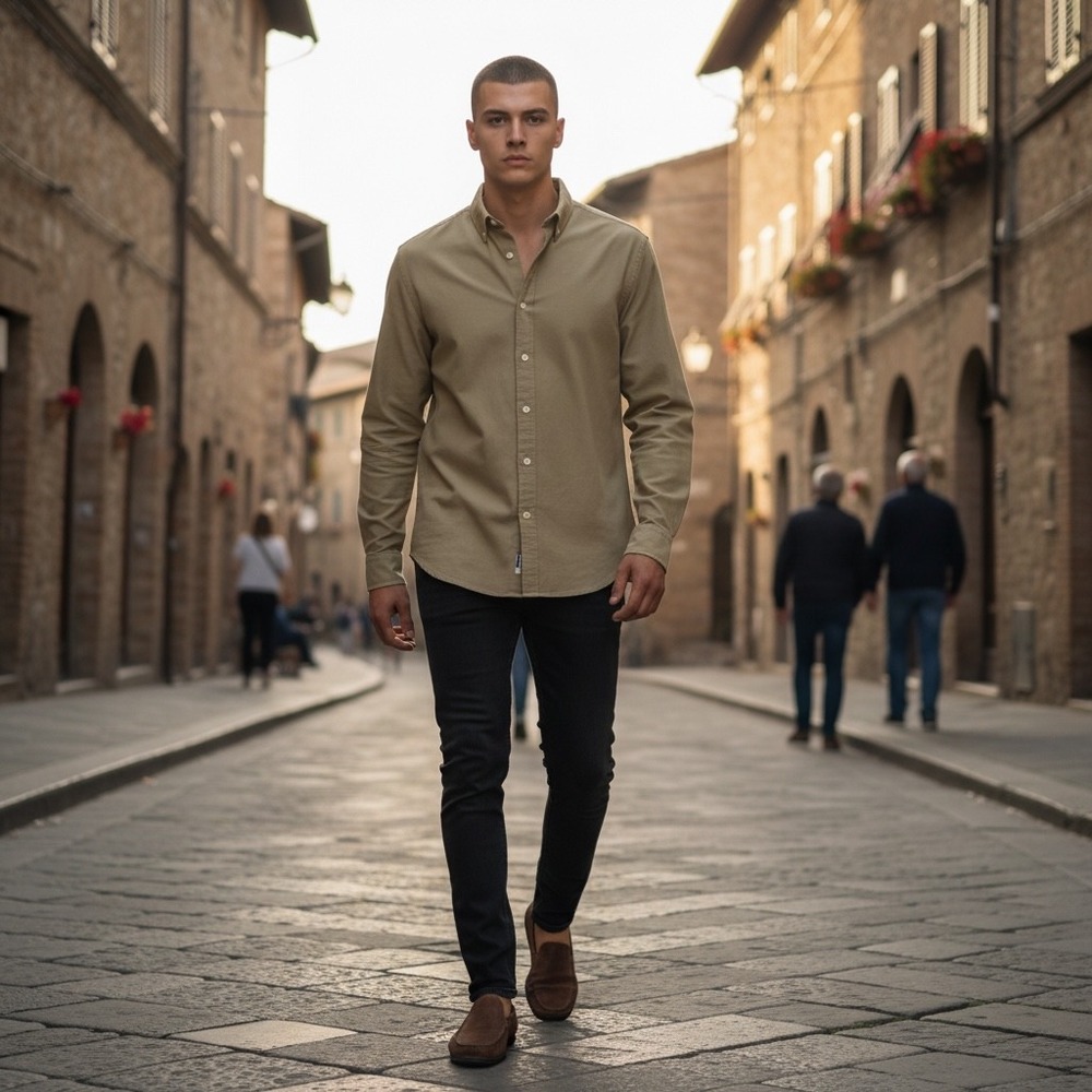 Xacus Men Tan Button Down Shirt Long Sleeve Textured Made in Italy Size 15.75 40